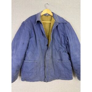Vintage French Chore Jacket Blue Cotton Twill Workwear Coat Lined L 50s 60s